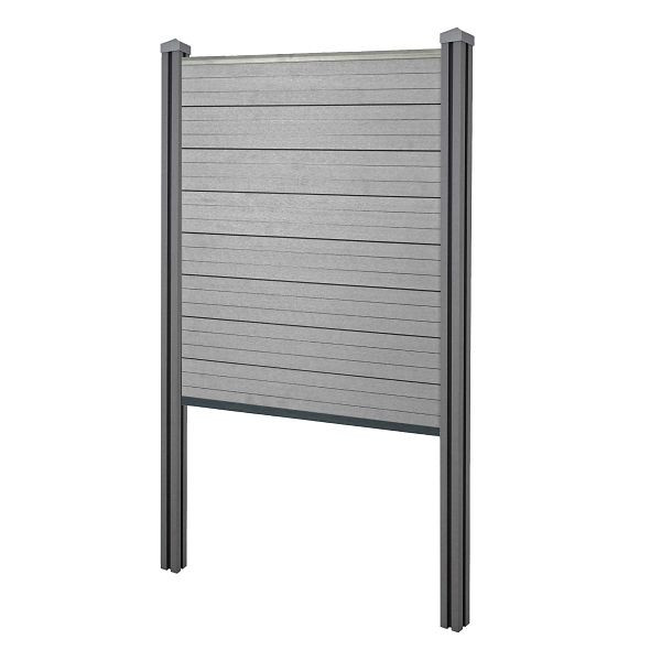 Mendler Brise-vue WPC Sarthe, clôture coupe-vent, poteau WPC à encastrer dans le béton, élément de base étroit, 105cm gris, 2x64890+76237+76240+76261