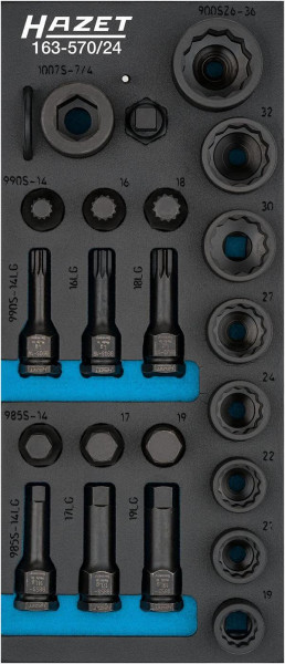 Jeu de douilles tournevis Hazet impact, carré creux 12,5 mm, profil de traction à double hexagone externe, 163-570/24