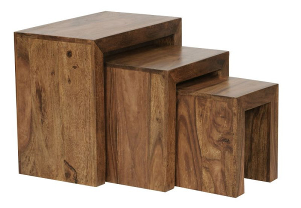 Wohnling set de 3 tables gigognes MUMBAI en bois massif de sheesham style maison de campagne, bois naturel marron foncé, WL1.205