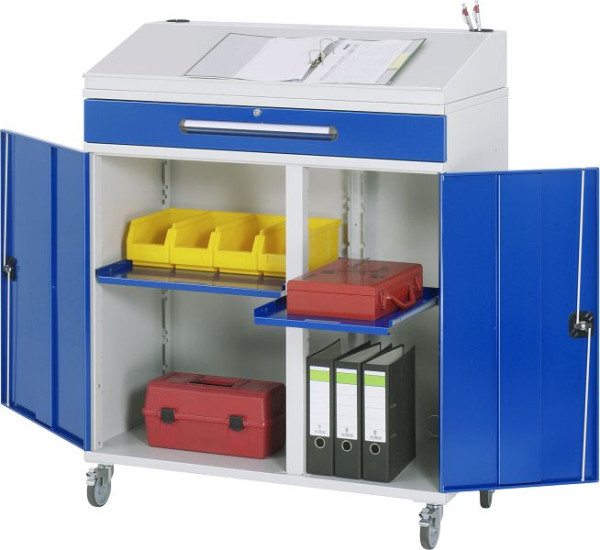 Bureau debout avec armoire latérale RAU - modèle 02, L1100xP520xH1110/1220mm, avec jeu de roulettes, support central pour diviser la largeur d'installation, 07-1100T-M02F.11