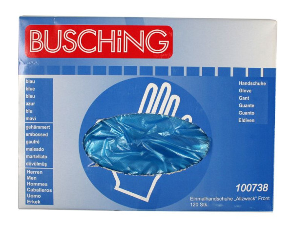 Gants jetables Busching "tout usage" bleus, retrait par l'avant, 1 x boîte distributrice (120 de chaque), paquet de 10, 100738