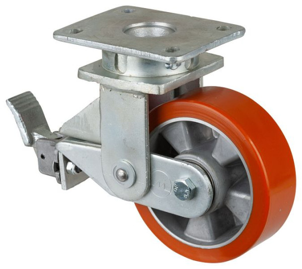 Roulettes BS Roulettes fortes charges à ressorts avec freins, largeur 50 mm, Ø150 mm, jusqu'à 550 kg, polyuréthane coulé 95 Shore A, aluminium, roulements à billes, T120.B90.150
