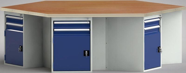 Etabli standard KLW de forme hexagonale avec plateau multiplex en hêtre de forme hexagonale 2338 x 2700 x 40 mm L x l x P, WS620N-1350M40-E8013