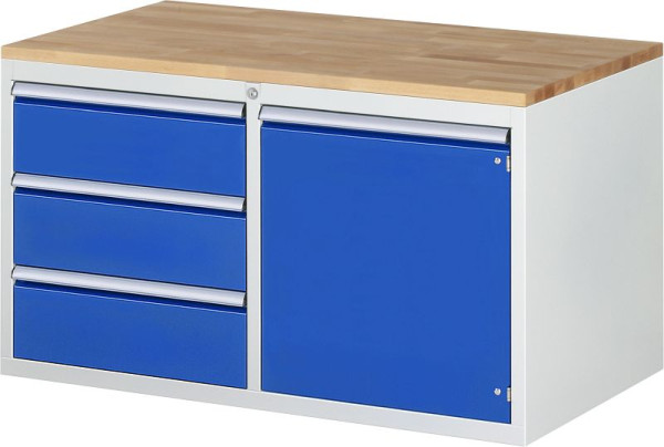 Armoire à tiroirs RAU série 7000, L1145xP650xH645mm, gauche : tiroirs : 3xH180mm, droite : porte battante H540mm, plan de travail en hêtre massif, 03-LL3.0.8AB.11