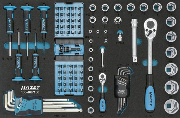 Jeu d'outils Hazet, carré creux 6,3 mm, carré creux 12,5 mm, six pans plein 6,3, profil de traction six pans extérieurs, nombre d'outils : 106, 163-466/106