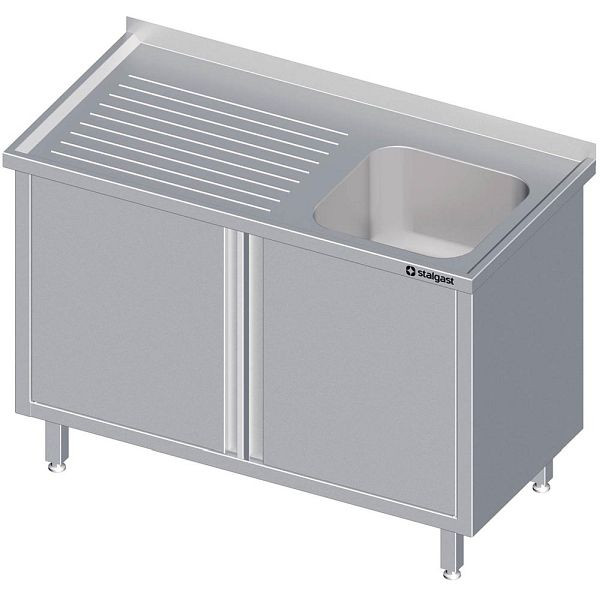 Meuble évier Stalgast avec portes battantes 1100x600x850 mm, avec un évier à droite, avec dosseret, soudé, VSK11620RA