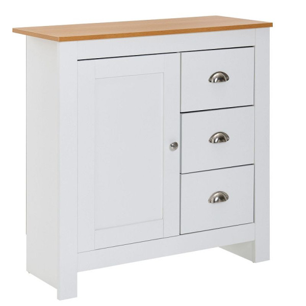 Buffet Wohnling avec 3 tiroirs 79x81x35 cm commode blanc / chêne moderne, buffet design haut avec porte, commode à tiroirs salon, WL6.384