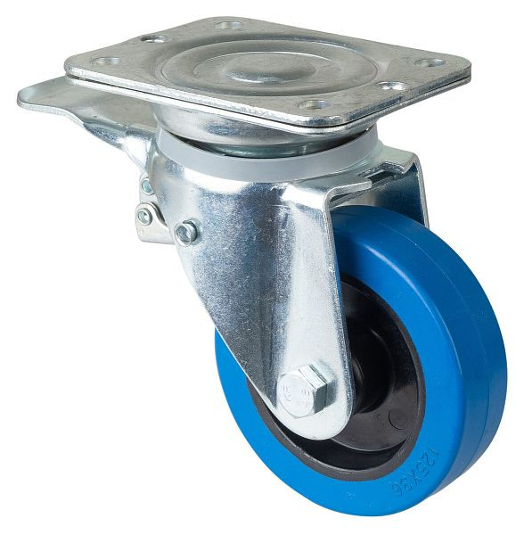 BS Rolls Roulette robuste avec frein, largeur 45 mm, Ø125 mm, jusqu'à 140 kg, bandages élastiques bleus, corps de roue en plastique, roulement à rouleaux, N120.B61.125