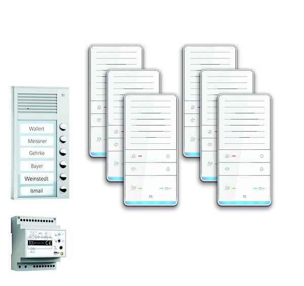 Système de commande de porte audio TCS : pack AP pour 6 unités résidentielles, avec poste extérieur PAK 6 boutons de sonnerie, 6x haut-parleur mains libres ISW5031, unité de contrôle BVS20, PAAF061 / 001