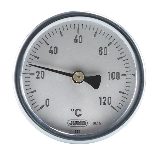 Thermomètre bilame JUMO, classe 1.5, plage d'affichage 0 à 120 °C, longueur d'installation 63 mm, 80000581