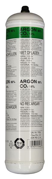 Bouteille jetable ELMAG gaz mixte Ar 86% / Co2 14%, 1 L / 110 bar, hauteur : 310 x Ø 73mm, 54100