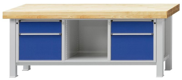 Établi robuste ANKE; 2250x800mm; Hêtre plaque solide; Gauche 2 tiroirs 180, 360 mm; Compartiment central ouvert; A droite 2 tiroirs 180, 360 mm