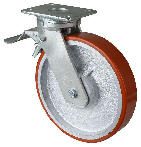 Roulettes BS Roulette robuste avec roue/blocage, largeur 50 mm, Ø250 mm, jusqu'à 1300 kg, polyuréthane coulé 95 Shore A, corps coulé, roulements à billes, RR120.C10.250