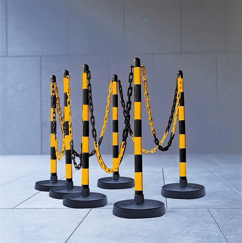 Ensemble de support de chaîne DENIOS, 6 pièces, 870mm, chaîne de 10m, jaune/noir, base en plastique ronde, peut être rempli, 180-250