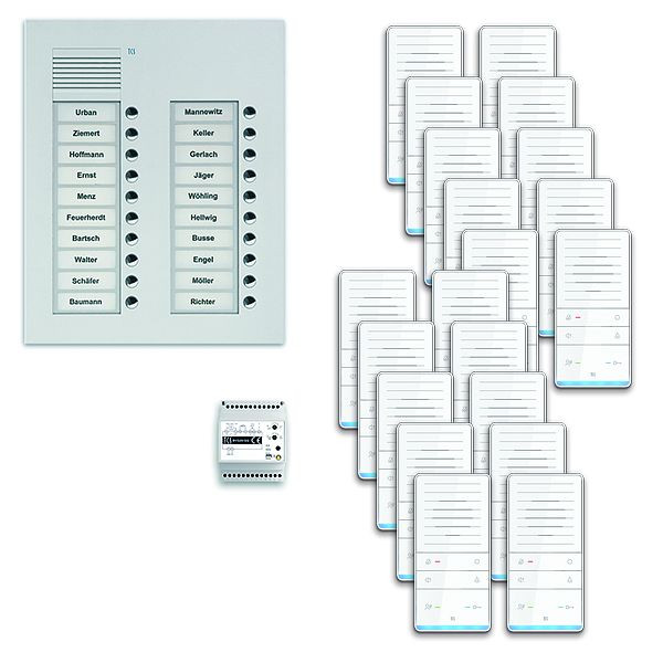 Système de commande de porte audio TCS : pack UP pour 20 unités d'habitation, avec poste extérieur PUK 20 boutons de sonnerie 2 colonnes, 20x haut-parleur mains libres ISW5031, commande, PAUF202 / 001