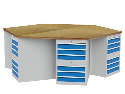 Établi Bedrunka+Hirth à 6 angles, largeur 2500 mm, 6 x armoire à tiroirs, dimensions en mm (LxPxH) : 2500 x 2165 x 859, nombre de tiroirs : 36, 03.66.2.111V