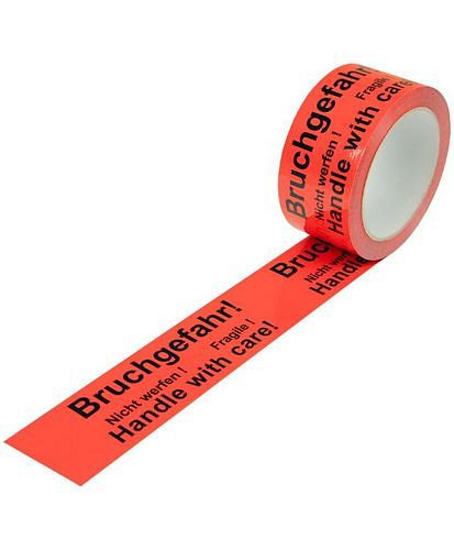 Ruban adhésif d'avertissement DENIOS, PP, impression risque de casse, en rouge signal, 50 mm de large x 66 m, paquet : 12 rouleaux, 299569