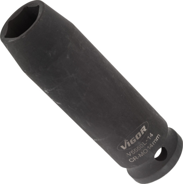 Douille pour clé à chocs VIGOR, longue, carrée creuse 12,5 mm (1/2 pouce), profil à six pans extérieurs, 14 mm, V5550L-14