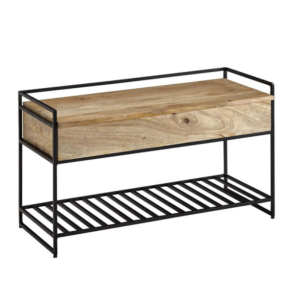 Wohnling Banc avec Espace de Rangement 90x52x38 cm Banc de Couloir en Bois Massif/Métal de Manguier Marron, Banc à Chaussures avec Assise Petit, WL6.586
