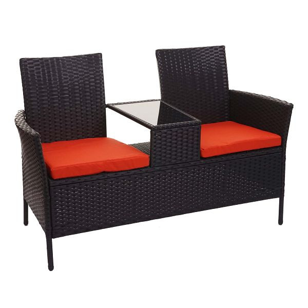 Banc en polyrotin Mendler avec table HWC-E24, groupe de sièges banc de jardin, canapé de jardin, 132cm, noir, coussins en terre cuite, 76176