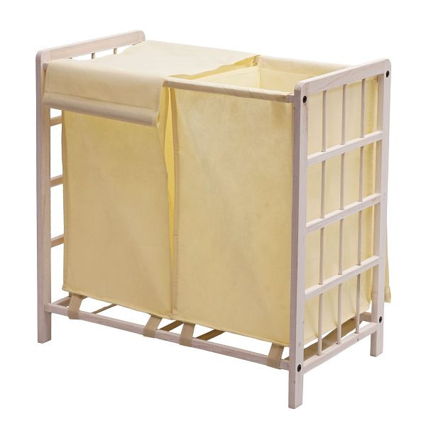 Collecteur de linge Mendler HWC-B60, Panier à linge, bois massif 2 compartiments 60x60x33cm 68l, blanc minable, couverture crème, 75534
