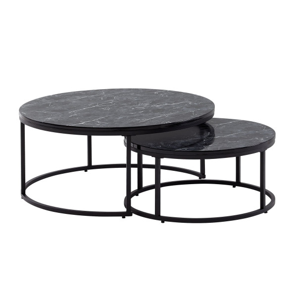 Wohnling ensemble de 2 tables basses rondes et modernes aspect marbre noir, table d'appoint 2 pièces en métal, tables de salon rondes, tables gigognes design, WL6.506