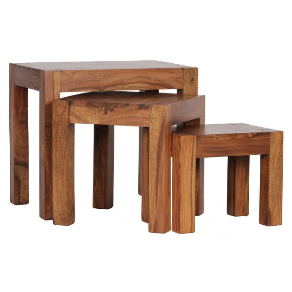 Wohnling set de 3 tables gigognes MUMBAI en bois massif de sheesham style maison de campagne, bois naturel marron foncé, WL1.212