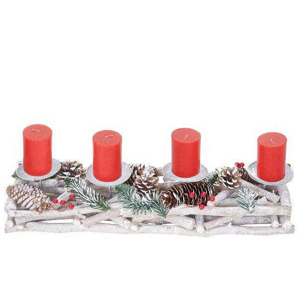 Couronne de l'Avent Mendler allongée, décoration de Noël Arrangement de l'Avent, bois 11x15x50cm blanc-gris, avec bougies, rouge, 56574