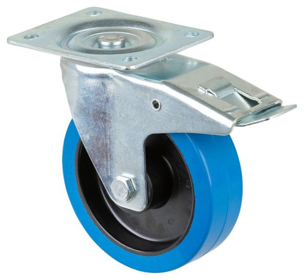 Rouleau de transport BS rollers avec frein, largeur 42 mm, Ø160 mm, jusqu'à 300 kg, pneus élastiques bleus, roulements à rouleaux, lot de 2, L420.B61.160