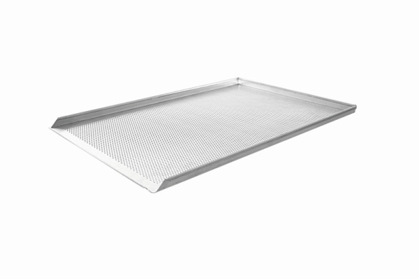 Plaque à pâtisserie Schneider aluminium 400 x 600 mm côté court ouvert, 3 côtés 90° hauteur 20 mm, perforée 3mm, 381101