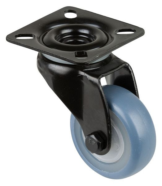 BS Castors Roulette pivotante noire, roue en caoutchouc thermoplastique bleu clair, jante naturelle, roulement à billes, plaque, diamètre : 50 mm, lot de 8, A800.A85.050.05