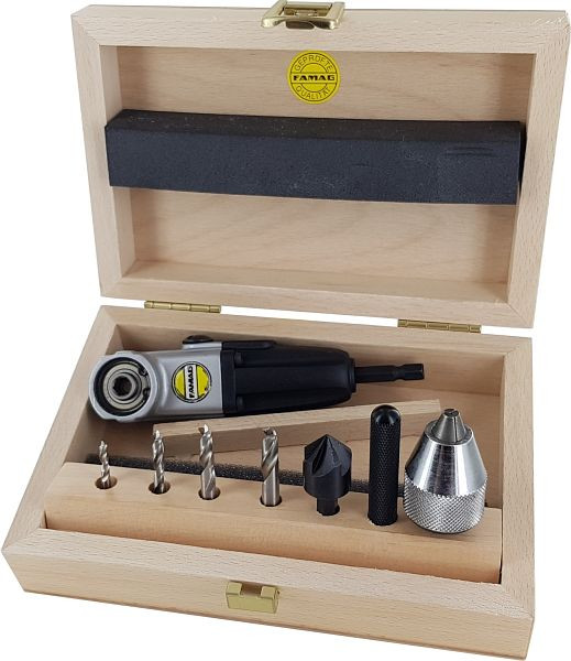 Famag 90fix set compact avec vis à angle, forets hélicoïdaux Ø 3, 4, 5, 6 mm, fraise et mandrin, exécution: bois, 1598.757.00