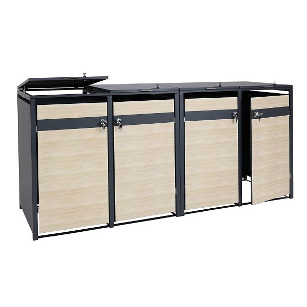 Mendler HWC-J82 4er revêtement de poubelle à roulettes, poubelle à roulettes, extensible, métal 100kg, anthracite, aspect bois de hêtre marron clair, 2x83357+2x83358