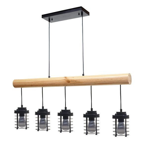 Suspension Mendler HWC-H83, lampe suspendue suspension, vintage industriel bois massif métal noir, 5 abat-jour cage, 74213