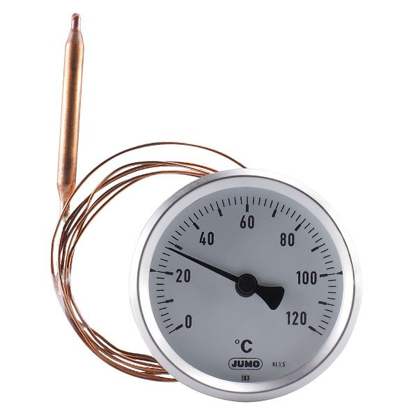 Thermomètre à cadran JUMO, classe 1.5, plage d'affichage 0 à 120°C, capillaire 1500 mm, 00491078