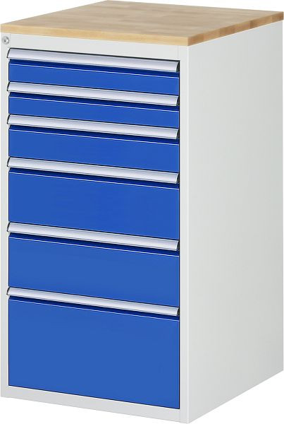 Armoire à tiroirs RAU série 7000, plan de travail en hêtre massif, 6 x tailles de tiroirs L 2xH90, 1xH120, 2xH180, 1xH270 mm, 580x1035x650 mm, 03-L7.7A-B.11