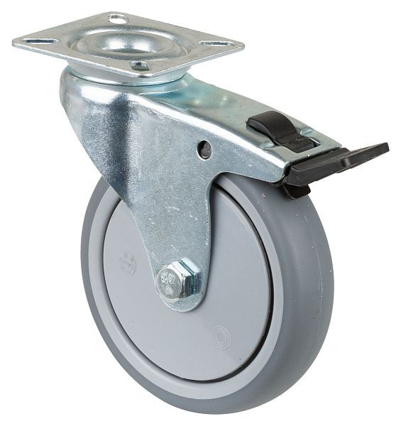 Rouleau d'appareil BS rollers, plateau, frein, largeur 24 mm, Ø100 mm, 70 kg, bande de roulement en caoutchouc gris, roulement à billes, lot de 4, A320.A85.100