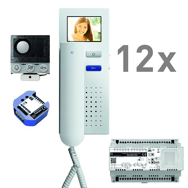 Boîte vocale encastrable vidéo TCS, 12 unités résidentielles, haut-parleur encastrable ASI12000 + 12x interphone IVH3222, appareil de commande + transmetteur vidéo bifilaire, PVIH120/001