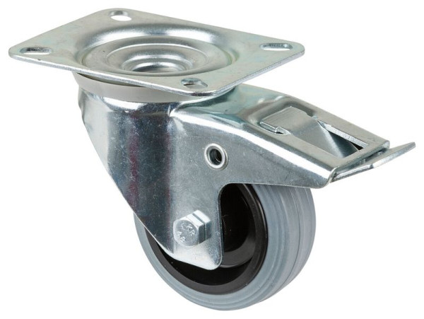 Rouleau de transport BS rollers avec frein, largeur 35 mm, Ø80 mm, jusqu'à 50 kg, bande de roulement en caoutchouc gris, roulement à rouleaux, plaque, lot de 4, L420.B46.080