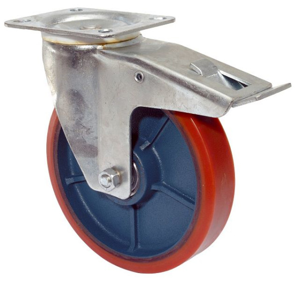 Rouleau de transport BS rollers avec frein, largeur 30 mm, Ø125 mm, jusqu'à 200 kg, polyuréthane coulé 95 Shore A, corps de roue coulé, roulement à billes, LS420.C10.125