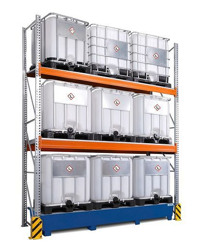 Rayonnage à palettes pour matières dangereuses DENIOS, champ de base, 3 niveaux de stockage, bac collecteur peint, 3500 x 1300 x 4400 mm, 305418