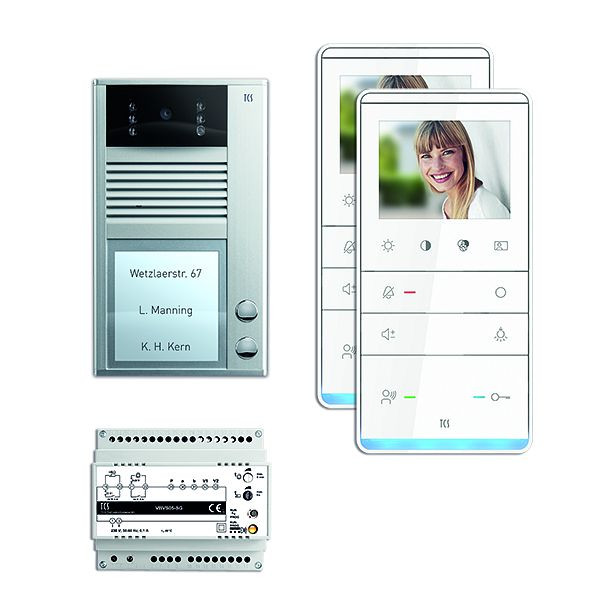 Vidéo de commande de porte TCS : pack AP pour 2 unités d'habitation, avec platine de rue AVC 2 boutons de sonnerie, 2x haut-parleur mains libres vidéo IVW5111, commande, PVC1321-0010