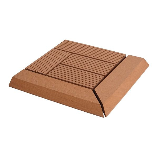 Carrelage de sol d'angle Mendler WPC Rhône + finition, terrasse aspect bois, 30x30cm Premium, angle, décalage en teck, 77627