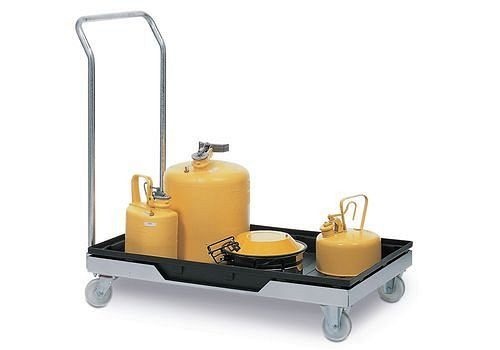Chariot de transport DENIOS avec bac de récupération et poignée de poussée, 114-837