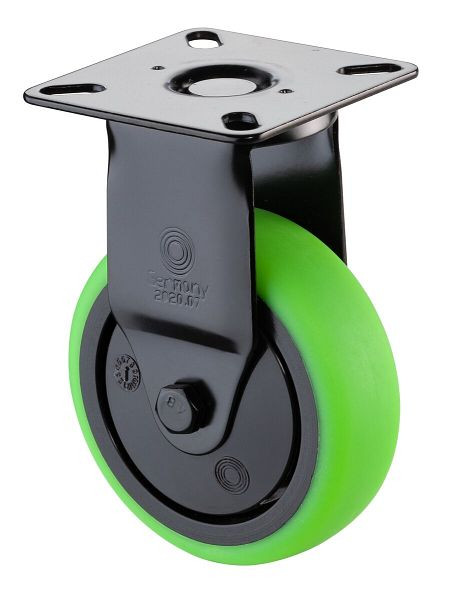 Roulettes BS Roulette fixe noire, roue en caoutchouc thermoplastique verte, jante noire, roulement à billes, plaque, diamètre : 75 mm, pack : 4 pièces, A810.A85.075.04
