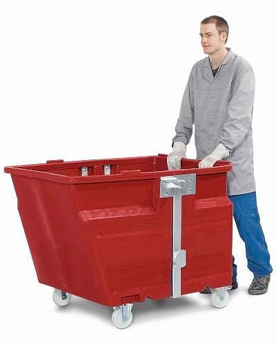 Benne basculante DENIOS PolyMaxx en polyéthylène (PE), avec roulettes, rouge