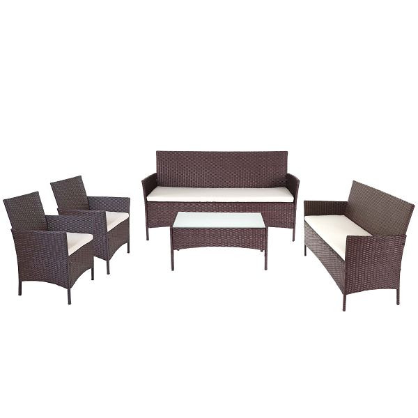 Ensemble de jardin en polyrotin Mendler Halden 3-2-1-1, ensemble de salon, canapé, marron chiné, coussins crème, 64284+52037+52033+52040