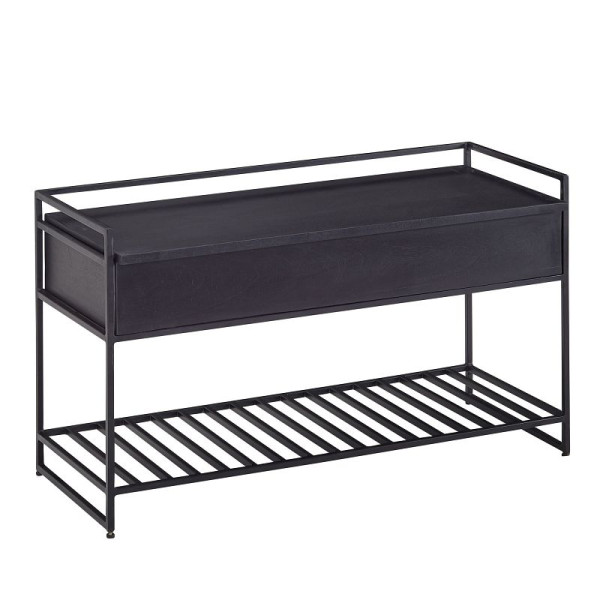 Wohnling Banc avec Espace de Rangement 90x52x38 cm Banc de Couloir en Bois Massif/Métal de Manguier Noir, Banc à Chaussures avec Assise Petit, WL6.587