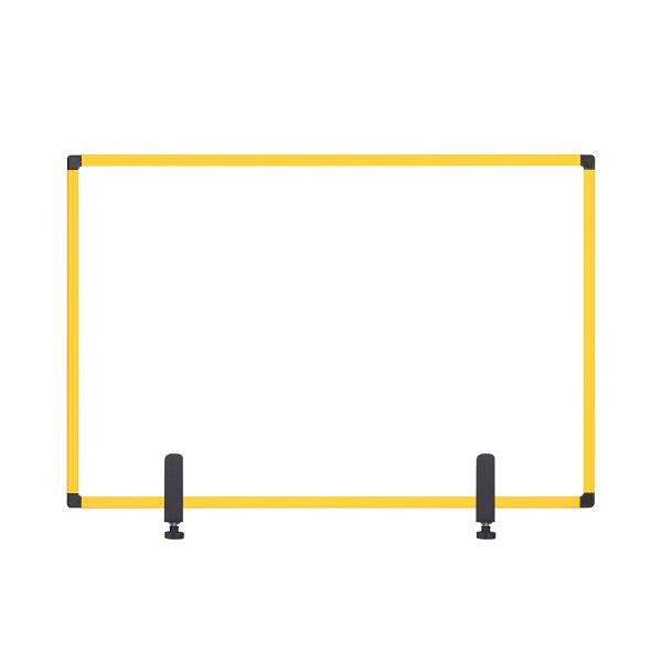 Cloison Bi-Office, pare-éclaboussures, panneau en verre avec clips métalliques à fixer à la table, avec cadre en aluminium jaune, 90x60cm, GL07019401