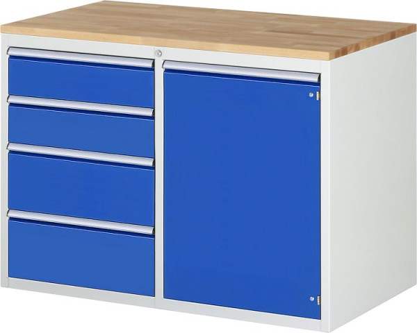 Armoire à tiroirs RAU série 7000, L1145xP650xH825mm, gauche : tiroirs : 2xH150, 2xH210mm, droite : porte battante, plan de travail en hêtre massif, 03-LL5.20.12AB.11